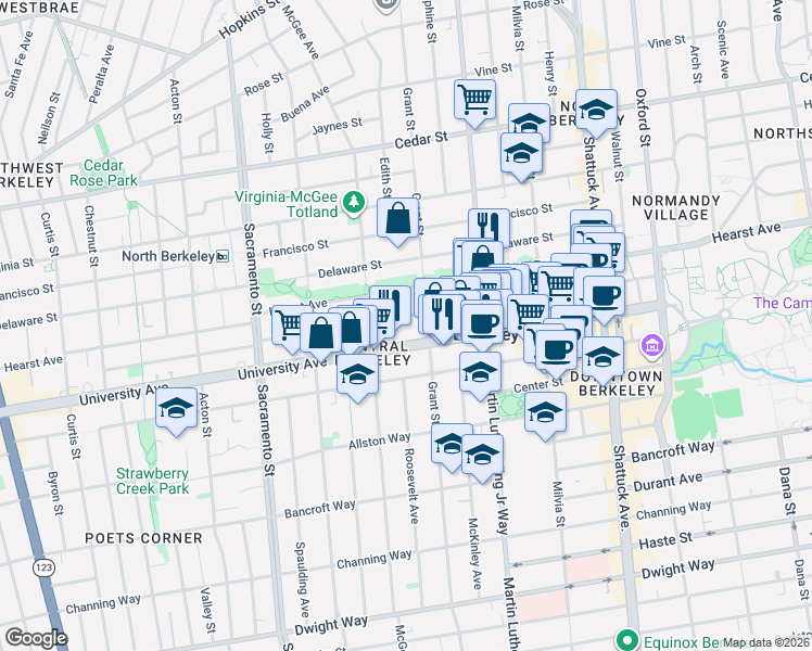 map of restaurants, bars, coffee shops, grocery stores, and more near 1918 Grant Street in Berkeley