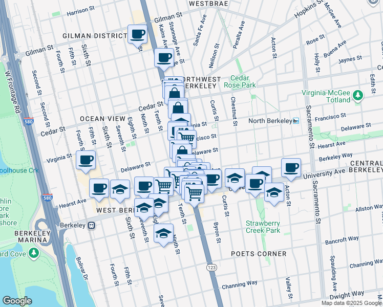 map of restaurants, bars, coffee shops, grocery stores, and more near 1121 Delaware Street in Berkeley