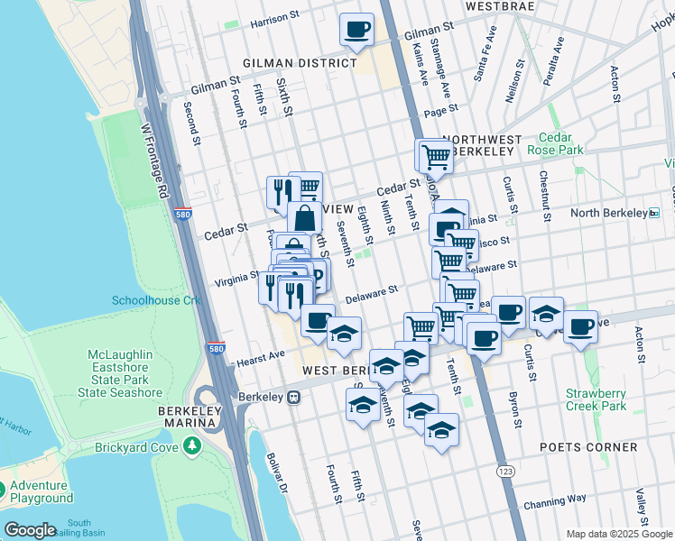 map of restaurants, bars, coffee shops, grocery stores, and more near 1716 Seventh Street in Berkeley