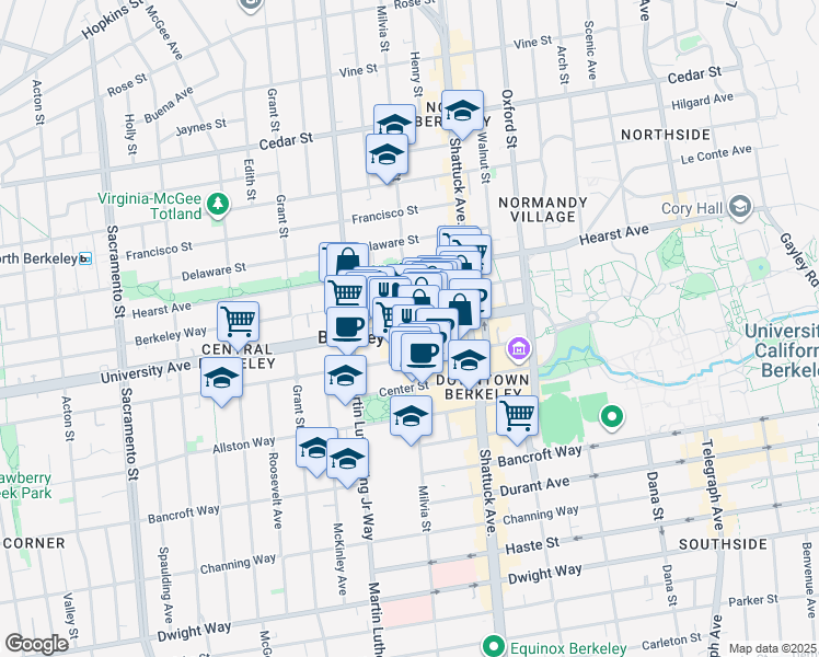 map of restaurants, bars, coffee shops, grocery stores, and more near University Avenue in Berkeley