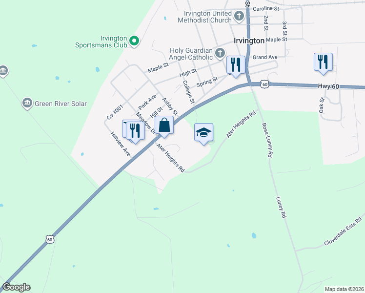 map of restaurants, bars, coffee shops, grocery stores, and more near 139 Ater Heights Road in Irvington