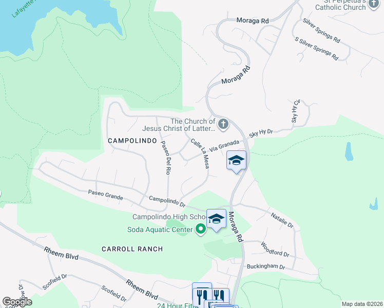 map of restaurants, bars, coffee shops, grocery stores, and more near 3824 Vía Granada in Moraga