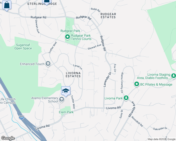 map of restaurants, bars, coffee shops, grocery stores, and more near 351 Livorna Heights Road in Alamo