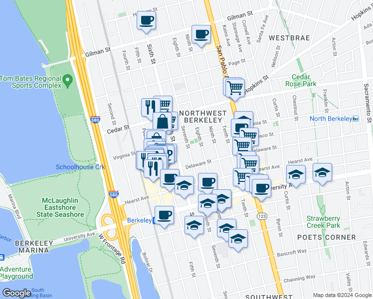 map of restaurants, bars, coffee shops, grocery stores, and more near 1716 Seventh Street in Berkeley