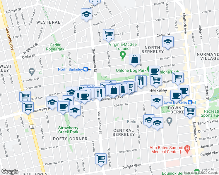 map of restaurants, bars, coffee shops, grocery stores, and more near 1908 California Street in Berkeley