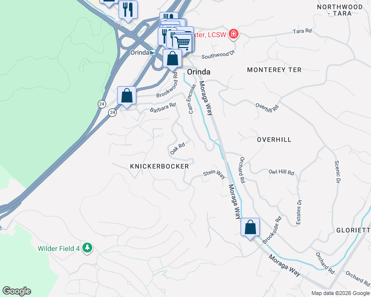 map of restaurants, bars, coffee shops, grocery stores, and more near 34 Oak Road in Orinda