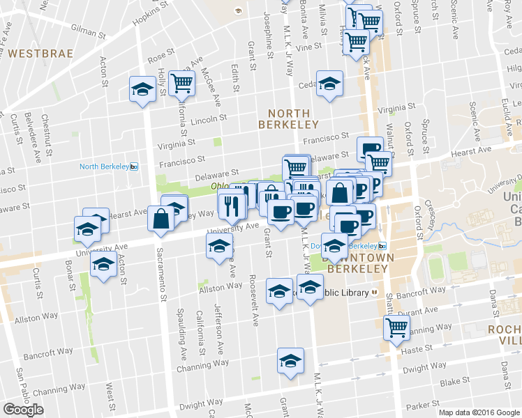map of restaurants, bars, coffee shops, grocery stores, and more near 1918 Grant Street in Berkeley