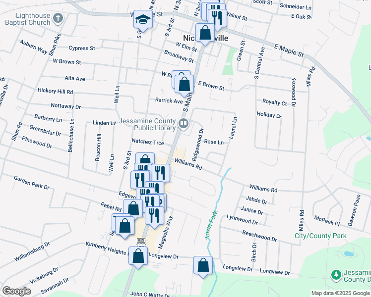 map of restaurants, bars, coffee shops, grocery stores, and more near 223 Ridgewood Drive in Nicholasville