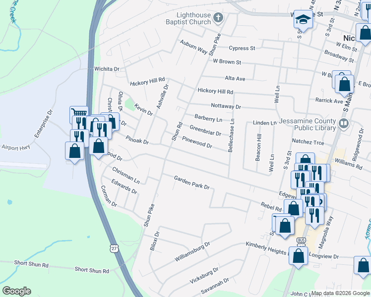 map of restaurants, bars, coffee shops, grocery stores, and more near 531 Pinoak Drive in Nicholasville