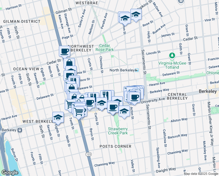 map of restaurants, bars, coffee shops, grocery stores, and more near 1274B Delaware Street in Berkeley
