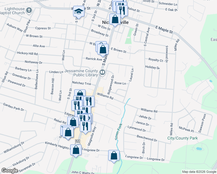 map of restaurants, bars, coffee shops, grocery stores, and more near 223 Ridgewood Drive in Nicholasville