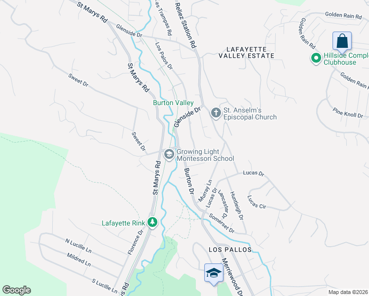 map of restaurants, bars, coffee shops, grocery stores, and more near 633 Los Palos Drive in Lafayette