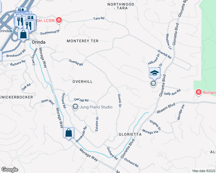 map of restaurants, bars, coffee shops, grocery stores, and more near 117 Estates Drive in Orinda