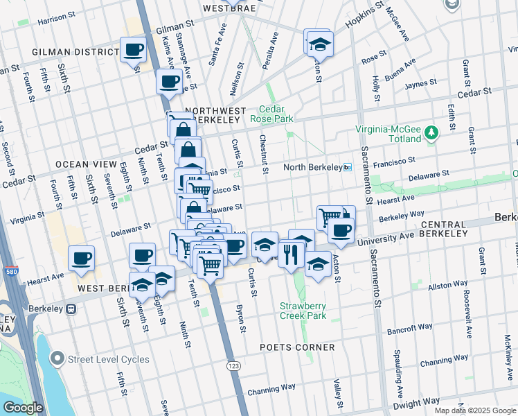 map of restaurants, bars, coffee shops, grocery stores, and more near 1228 Delaware Street in Berkeley