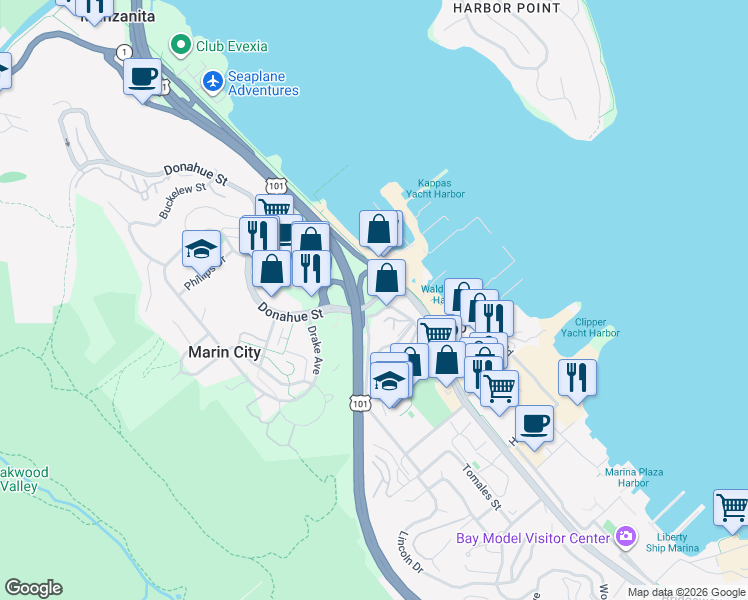 map of restaurants, bars, coffee shops, grocery stores, and more near 3001 North Bridge Boulevard in Sausalito