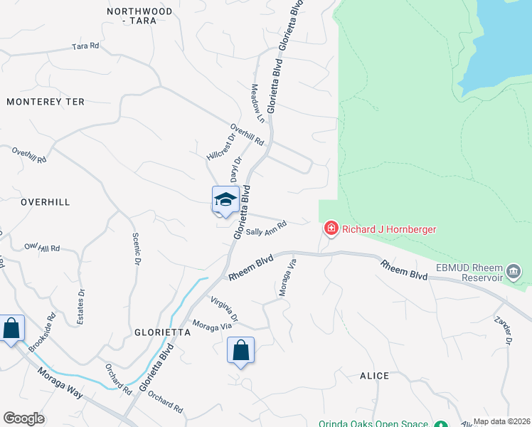 map of restaurants, bars, coffee shops, grocery stores, and more near 15 Parkway Court in Orinda
