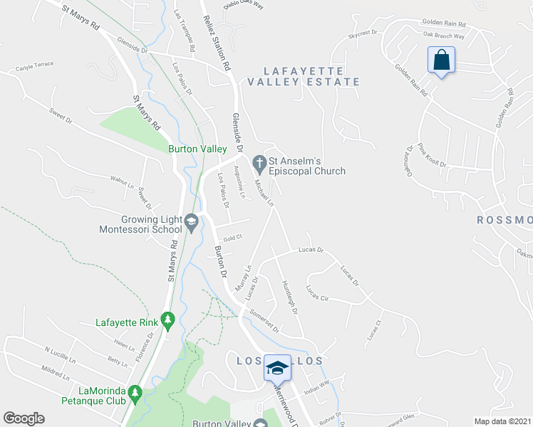 map of restaurants, bars, coffee shops, grocery stores, and more near 631 Murray Lane in Lafayette