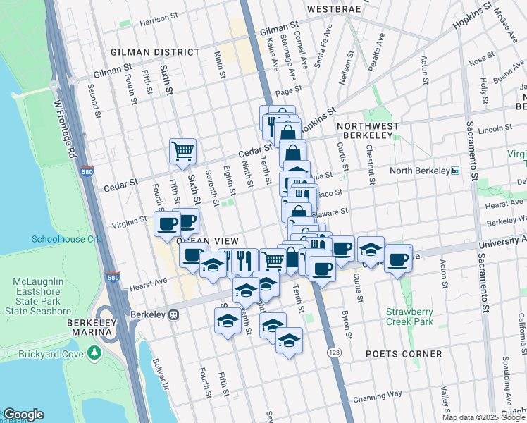 map of restaurants, bars, coffee shops, grocery stores, and more near 1729 Ninth Street in Berkeley