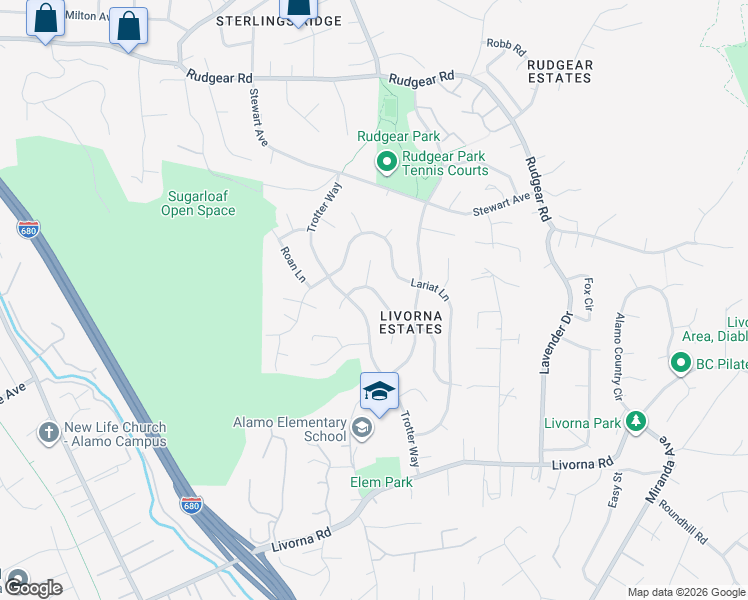 map of restaurants, bars, coffee shops, grocery stores, and more near 645 Appaloosa Drive in Walnut Creek