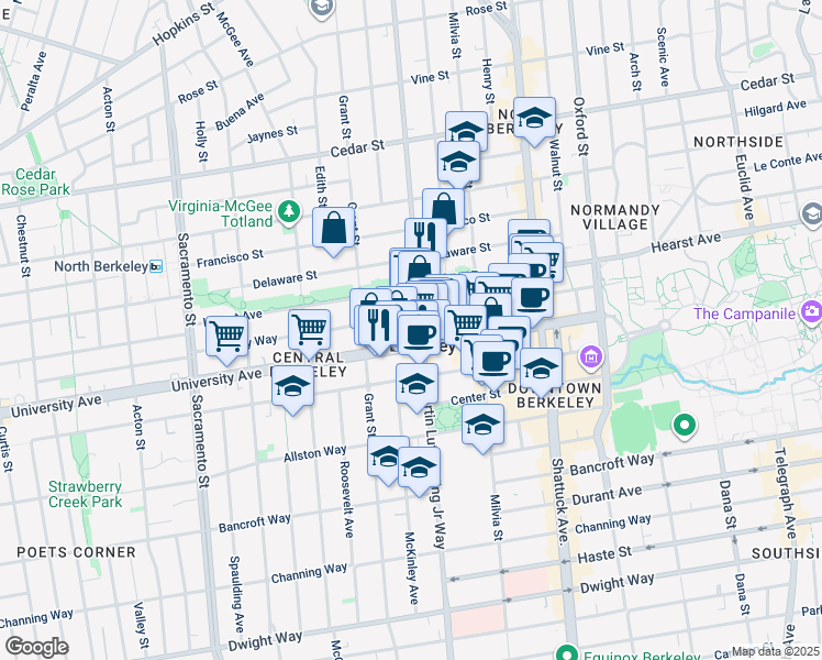 map of restaurants, bars, coffee shops, grocery stores, and more near 1888 Berkeley Way in Berkeley