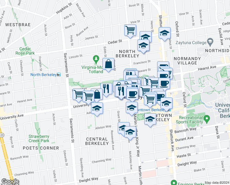 map of restaurants, bars, coffee shops, grocery stores, and more near 1918 Grant Street in Berkeley