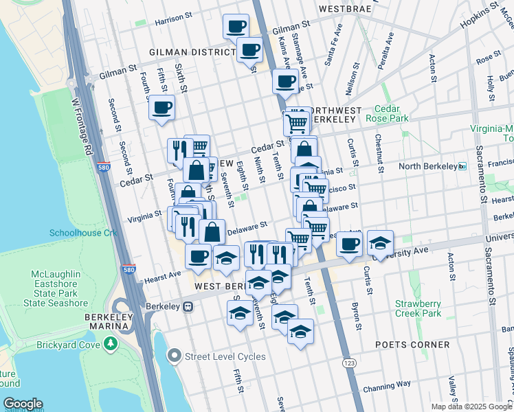 map of restaurants, bars, coffee shops, grocery stores, and more near 1723 Eighth Street in Berkeley