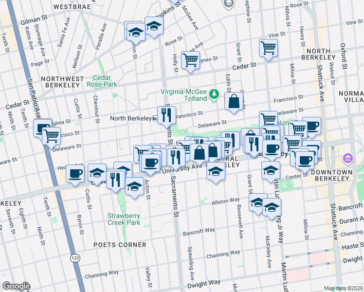map of restaurants, bars, coffee shops, grocery stores, and more near 1510 Hearst Avenue in Berkeley