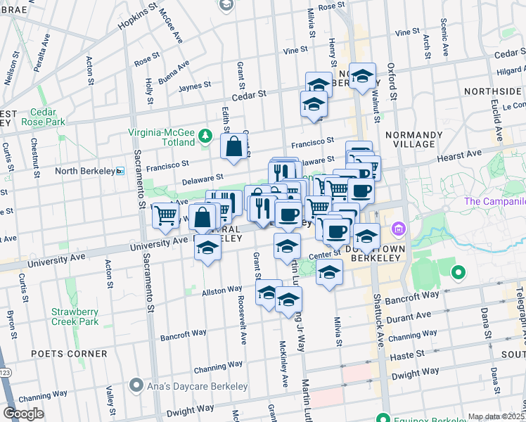map of restaurants, bars, coffee shops, grocery stores, and more near 1806 Berkeley Way in Berkeley