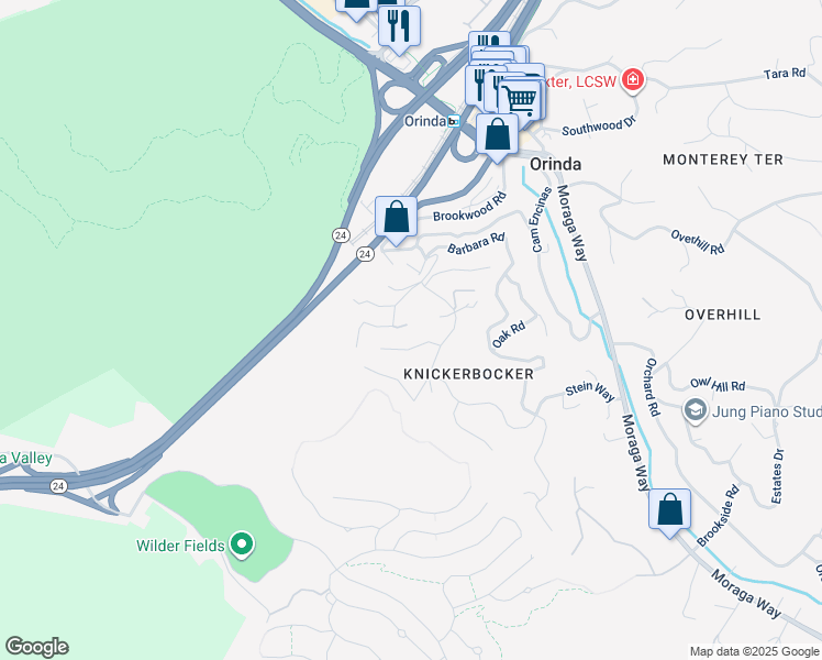 map of restaurants, bars, coffee shops, grocery stores, and more near 14 Lucille Way in Orinda