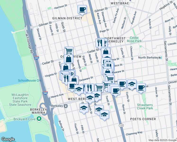 map of restaurants, bars, coffee shops, grocery stores, and more near 1723 Eighth Street in Berkeley