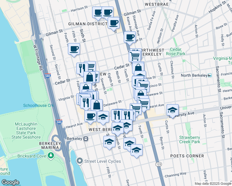 map of restaurants, bars, coffee shops, grocery stores, and more near 1723 Eighth Street in Berkeley