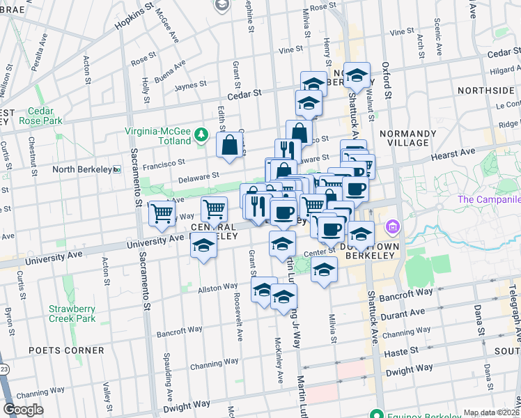 map of restaurants, bars, coffee shops, grocery stores, and more near 1888 Berkeley Way in Berkeley