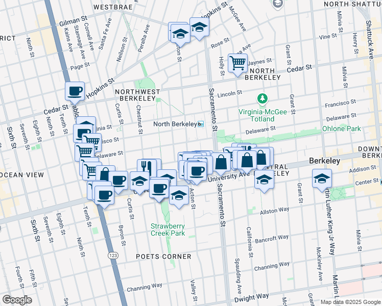 map of restaurants, bars, coffee shops, grocery stores, and more near 1821 Acton Street in Berkeley