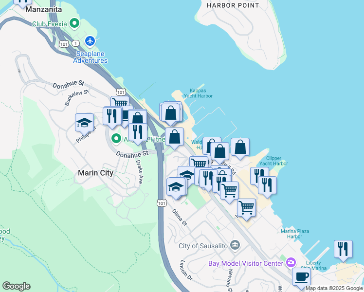 map of restaurants, bars, coffee shops, grocery stores, and more near 4185 Bridgeway in Sausalito