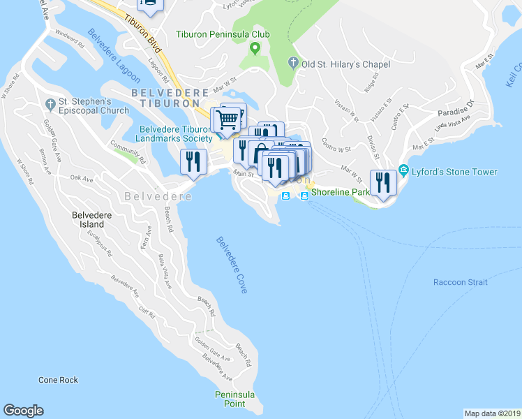 map of restaurants, bars, coffee shops, grocery stores, and more near 85 Bellevue Avenue in Tiburon
