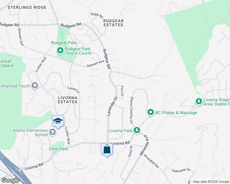 map of restaurants, bars, coffee shops, grocery stores, and more near 2583 Lavender Drive in Walnut Creek