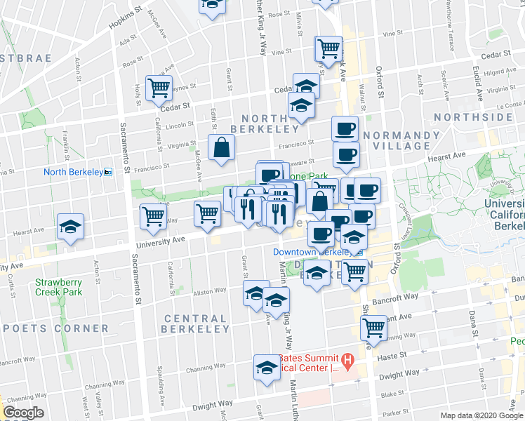 map of restaurants, bars, coffee shops, grocery stores, and more near 1830 Berkeley Way in Berkeley