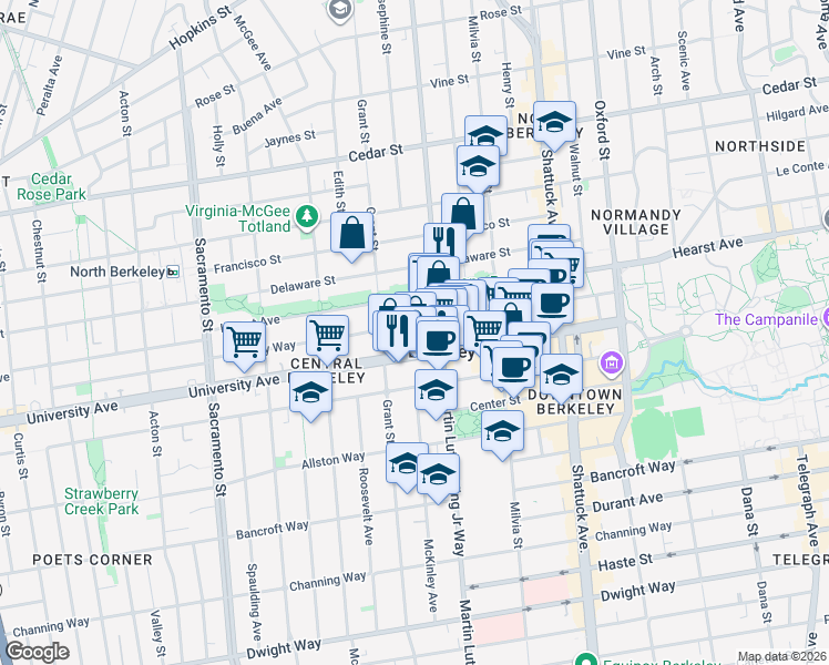map of restaurants, bars, coffee shops, grocery stores, and more near 1888 Berkeley Way in Berkeley