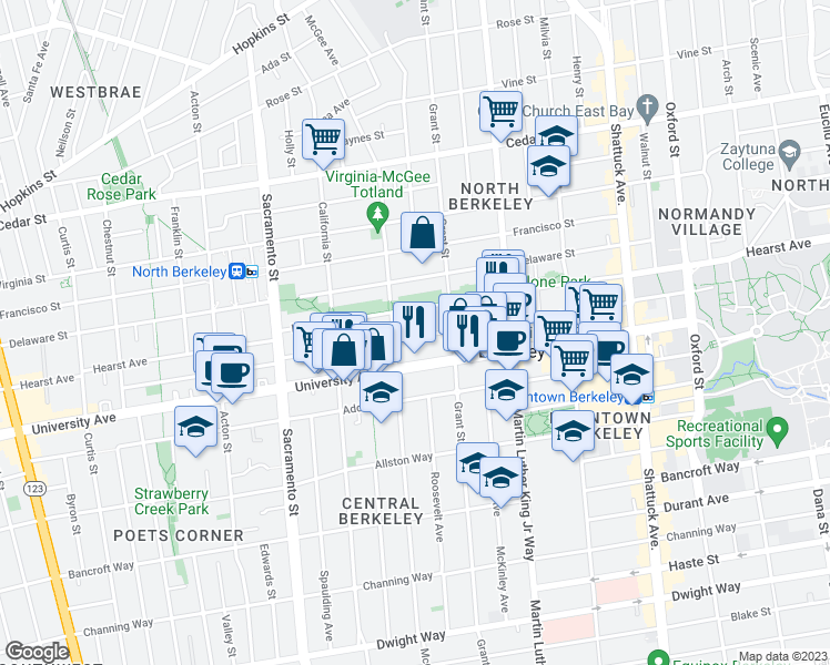 map of restaurants, bars, coffee shops, grocery stores, and more near 1713 Berkeley Way in Berkeley