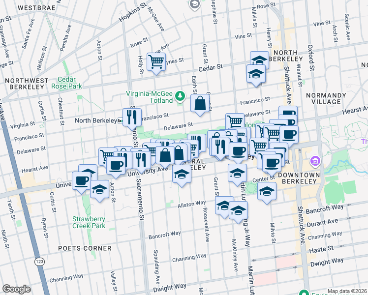 map of restaurants, bars, coffee shops, grocery stores, and more near 1631 Berkeley Way in Berkeley