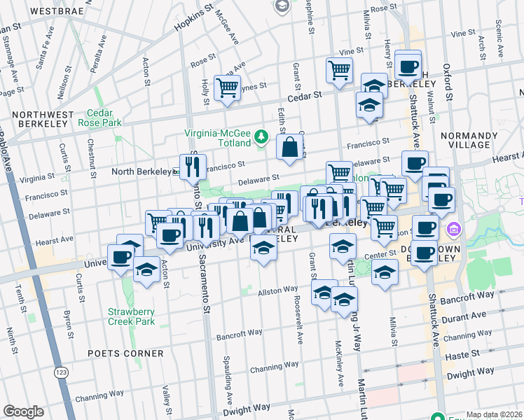 map of restaurants, bars, coffee shops, grocery stores, and more near 1631 Berkeley Way in Berkeley