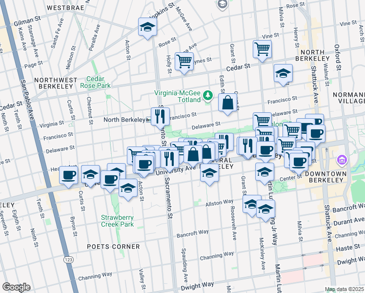 map of restaurants, bars, coffee shops, grocery stores, and more near 1908 California Street in Berkeley