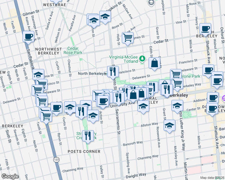 map of restaurants, bars, coffee shops, grocery stores, and more near 1431 Hearst Avenue in Berkeley