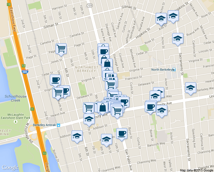 map of restaurants, bars, coffee shops, grocery stores, and more near 1740 San Pablo Avenue in Berkeley