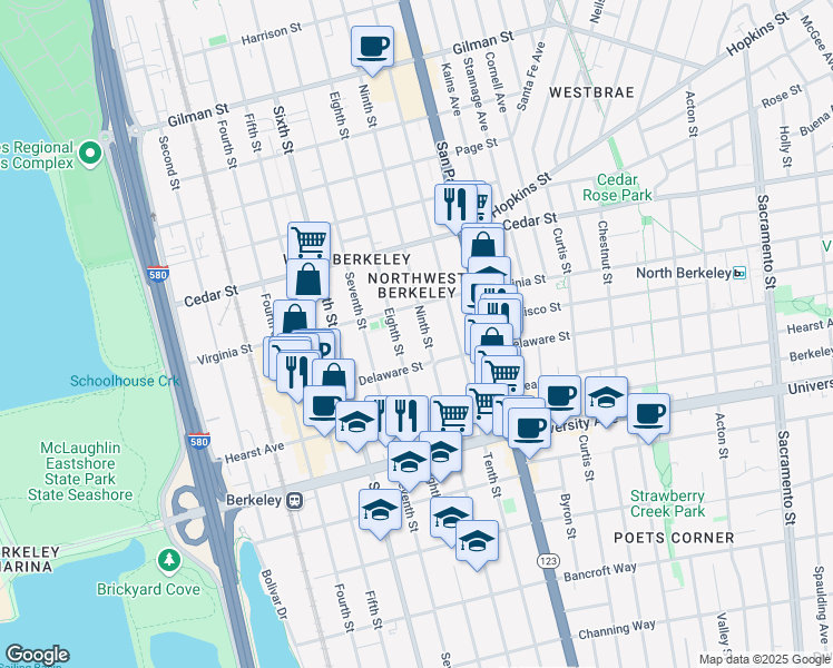 map of restaurants, bars, coffee shops, grocery stores, and more near 1723 Eighth Street in Berkeley