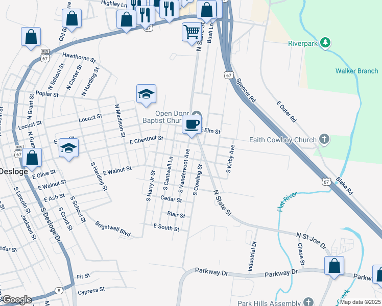 map of restaurants, bars, coffee shops, grocery stores, and more near 1055 South Vandervoot Avenue in Desloge