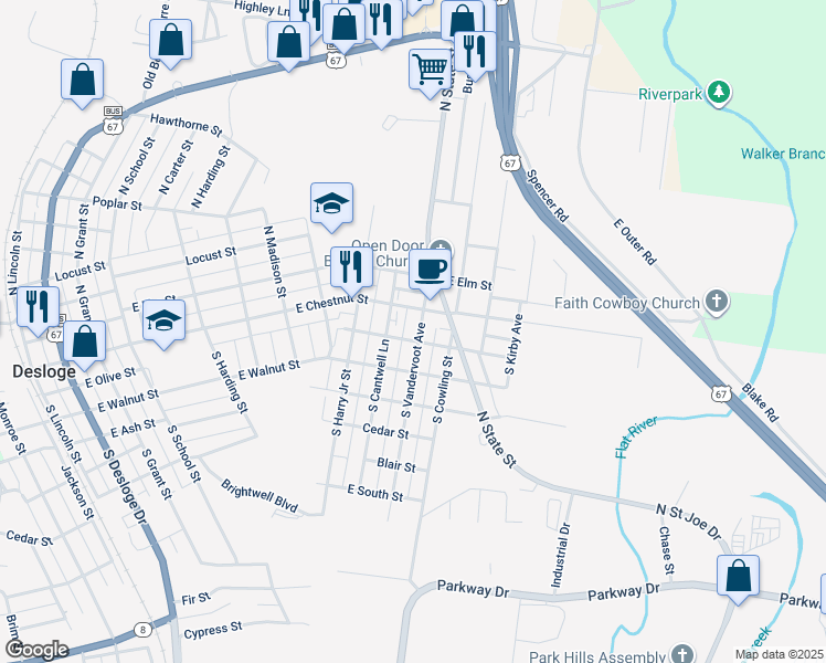 map of restaurants, bars, coffee shops, grocery stores, and more near 1055 South Vandervoot Avenue in Desloge