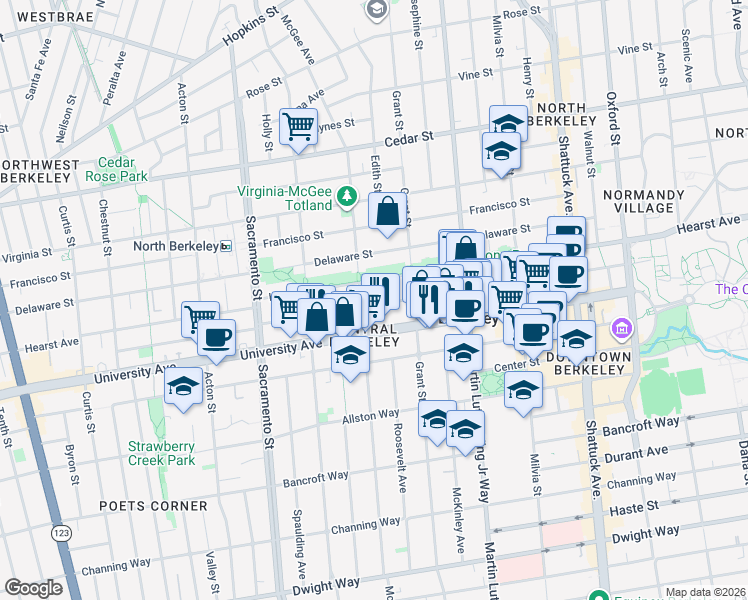 map of restaurants, bars, coffee shops, grocery stores, and more near 1713 Berkeley Way in Berkeley