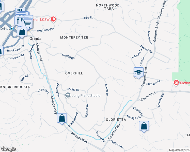 map of restaurants, bars, coffee shops, grocery stores, and more near 117 Estates Drive in Orinda