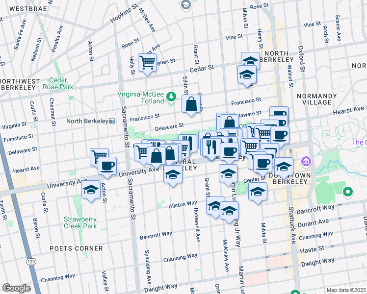 map of restaurants, bars, coffee shops, grocery stores, and more near 1713 University Avenue in Berkeley